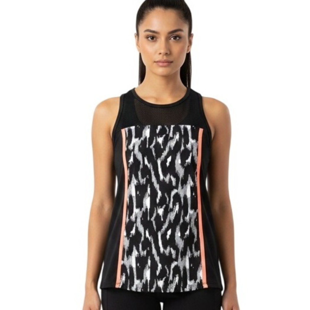 Trina Turk Recreation Tank Top Womens XL Black Animal Print Mesh Keyhole TR70S54